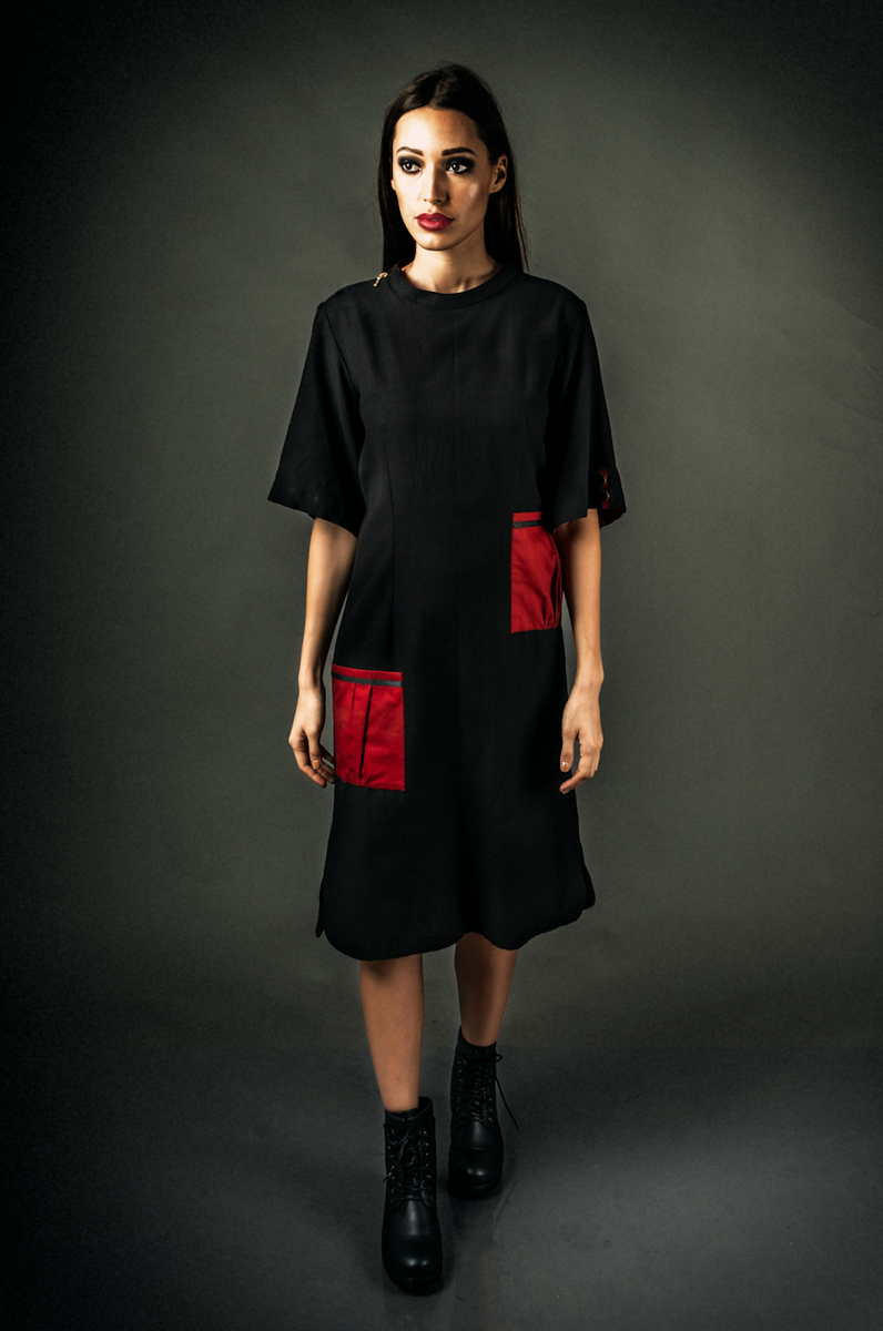 Midi Pockets Dress - Red and Black  The Letter