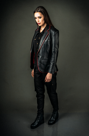 Black blazer sales with leather trim