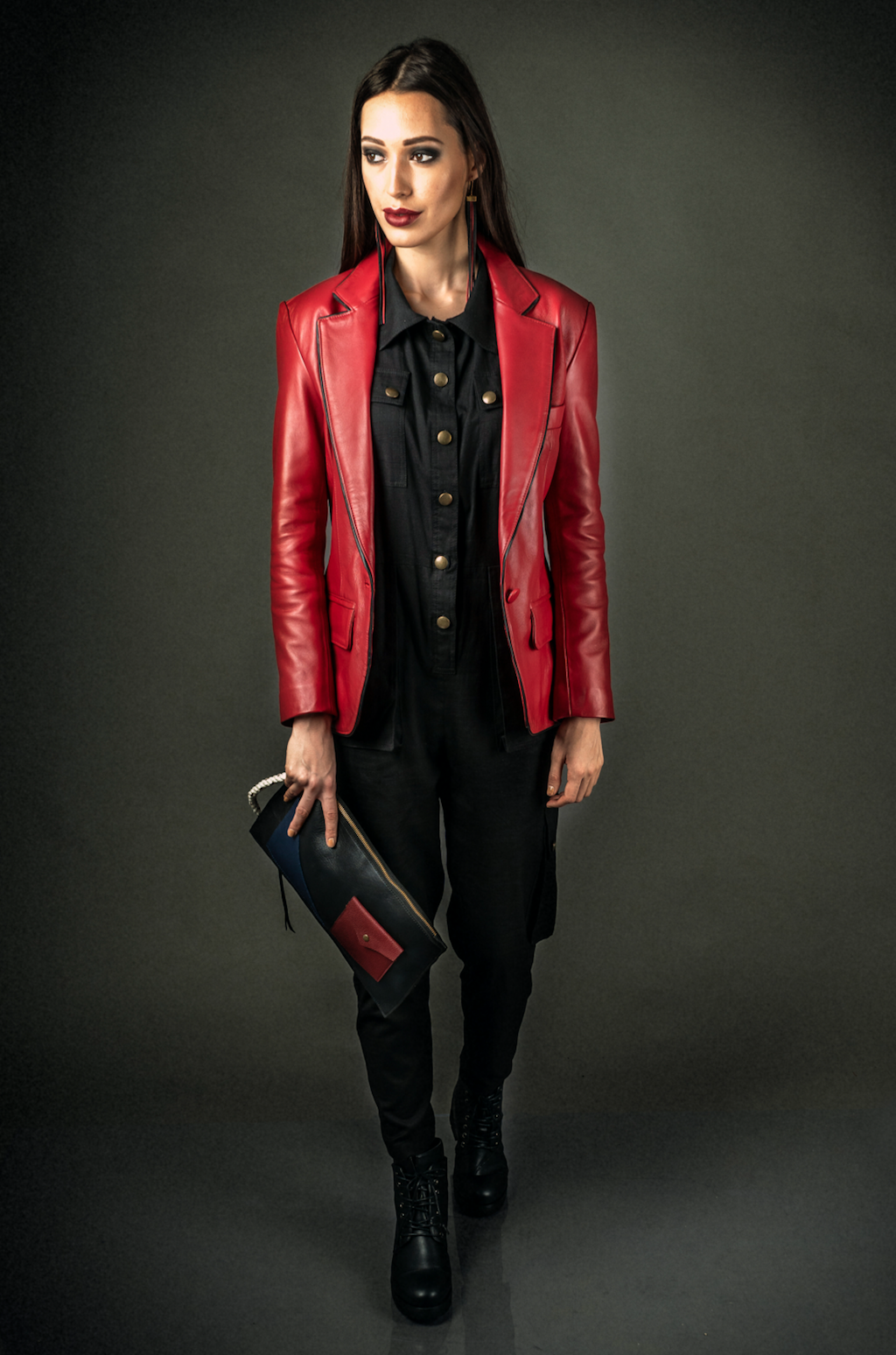 The Letter Contrast Trim Leather Blazer in Red - LDC